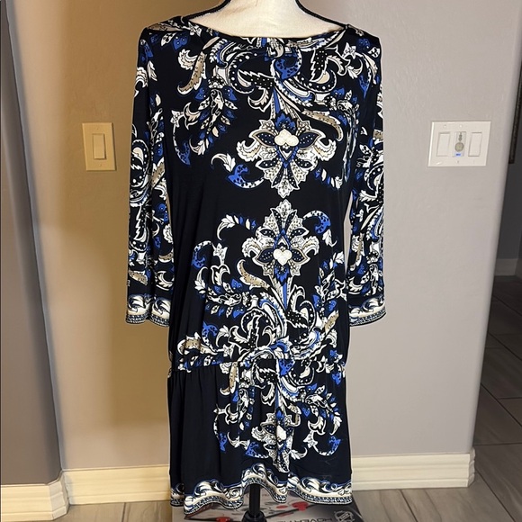 White House Black Market Dresses & Skirts - WHBM Women's Blue/Black/White Sheath Dress/Shirt with Bateau Neckline Size M